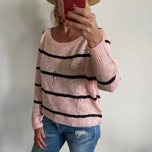 Pink & Navy Stripe Distressed Sweater - Picture 4 of 8